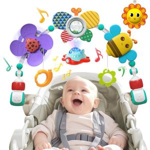 Musical Baby Stroller Arch, Travel Car Seat Toys, Baby Play Arch Crib Accessory, Mobile for Bassinet, Pram Activity Arch Bar for Babies Infants (Bee)