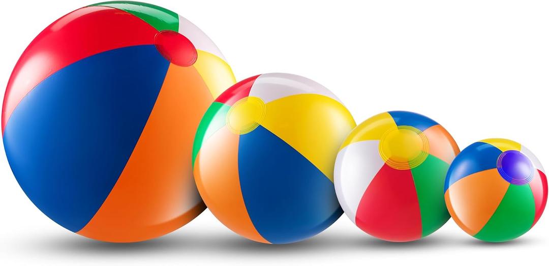 Bedwina 4-Pcs Assorted Inflatable Beach Balls - Rainbow Beach Balls for Kids in 6", 12", 16", 24" Sizes - Colorful Blow Up Pool Toys for Beach Games, Summer Party Decor & Outdoor Fun