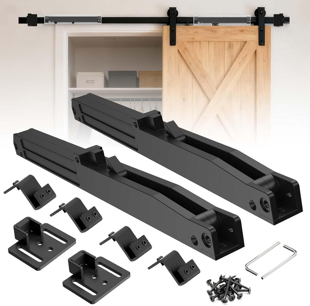 Barn Door Soft Close Mechanism, 2PCS Hole-Free Design for Doors 88-132 lbs, with Spring Buffer Damper & Adjustable Stoppers for Smooth & Quiet Sliding Door Hardware