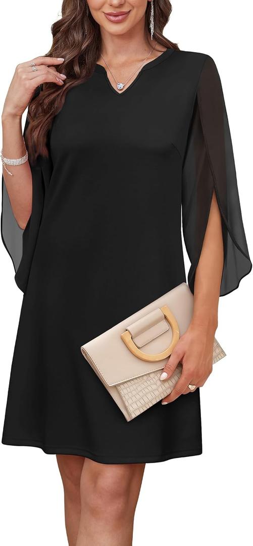 RUMIA Cocktail Dresses for Women Chiffon Sleeve Wedding Guest Dress  (Black, L)