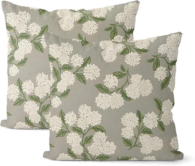 Grey Spring Pillow Covers 16x16 Inch 2 Pcs Gray Green Hydrangea Flower Decor Throw Pillows Vintage Floral Seasonal Summer Outdoor Decoration Pillowcase Linen Cushion Cover for Couch Sofa