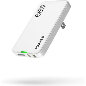 65W GaN USB C Charger, 3 Port Flat USB Wall Charger with USB C and A, Ultra-Slim GaN PD3.0&PPS Adapter, Foldable Plug for Travel for MacBook Air, iPad Pro, iPhone 17/16/15 Series, Galaxy(White-65W)