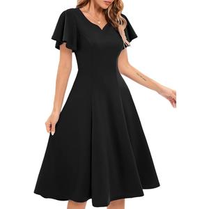 HomRain Casual Ruffle Sleeve V-Neck Dress Semi Formal Knee Length Cocktail Dress for Women, Black,Size  XL