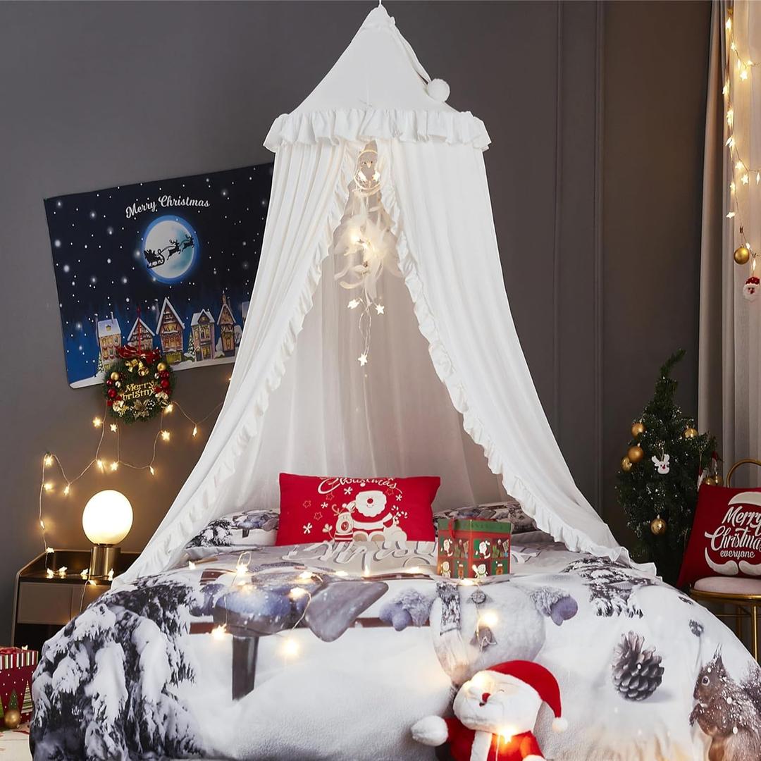 VETHIN Bed Canopy for Girls,Princess Round Dome Dreamy Mosquito Net Bedding Girls Room Castle Play Tent Hanging House Decor Reading Nook Canopies (White)