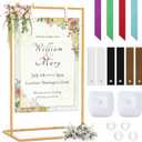 50" X 30" Adjustable Wedding Sign Stand, Linen Sign Stand, Gold Welcome Sign Holder Metal Easel With 6 Leather Hanging Strap 2 Square Water Bag 4 Magnetic Counterweight 4 Ribbon, Party Poster Display