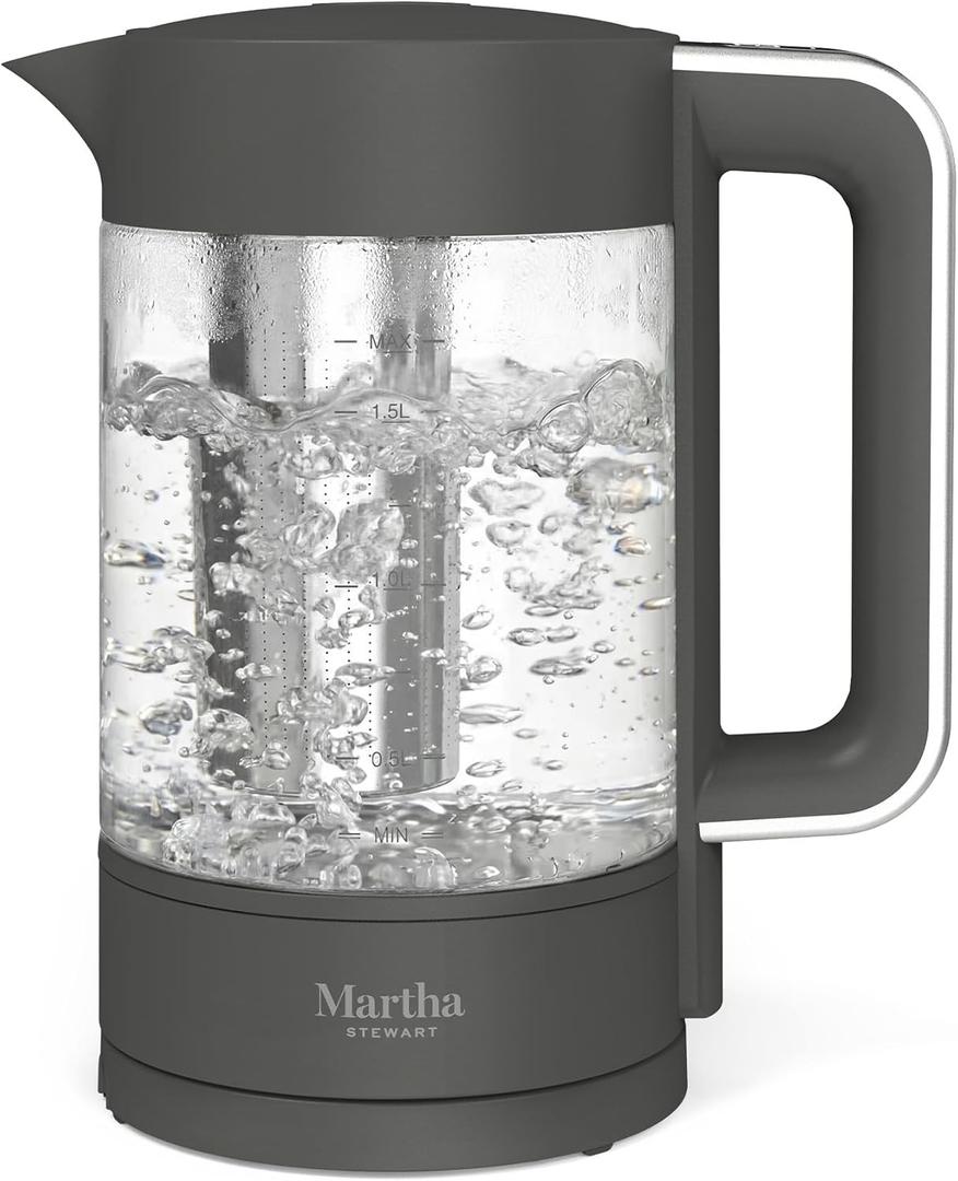 Martha Stewart Electric Kettle with Removable Stainless Steel Tea Infuser, Glass Carafe1.7L (7 Cups), Hot Water Boiler, 4 Presets, Keep Warm & Auto Shut-Off, Cordless 360 Swivel Base, Caviar Gray