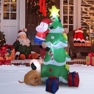 6 FT Christmas Tree Inflatables Decorations with Led Light, Santa Claus Chased by A Dog Climb The Tree, Funny Blow Up Decoration for Outdoor, Xmas Decorations Holiday Outside Lawn Yard Garden Decor