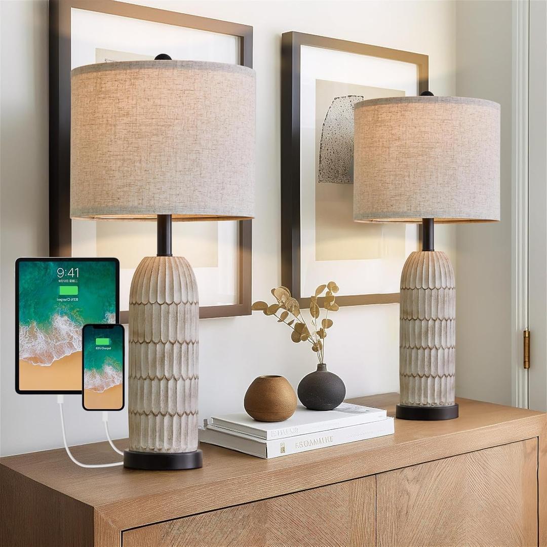OYEARS 26.5" Bedside Table Lamps Set of 2, Farmhouse Table Lamp with USB A+C Charging Ports,Vintage Nightstand Lamp for Bedrooms and Living Rooms, Retro Resin End Table Lamp with Linen Shade,Black
