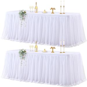 Wish Care 2 Pack White Tulle Table Cloth for 6 Foot Rectangle Tables White Tutu Desk Skirt Stretch Fitted Rectangular Tablecloths Wrinkle Free Ruffle Table Cover for Wedding Birthday Party Banquet