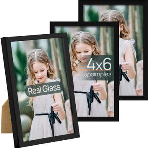 upsimples 4x6 Picture Frame Set of 3, Made of High Definition Glass for 4 x 6, Wall and Tabletop Display Thin Border Photo Frames for Home Decor, Black