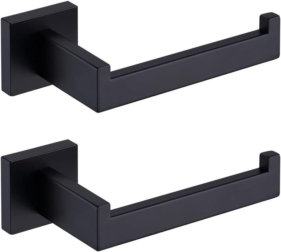 TASTOS Toilet Paper Holder Matte Black, Toilet Tissue Roll Holders Dispenser and Hangers Wall Mounted for Bathroom & Kitchen, Stainless Steel Modern Square Style 2 Pack