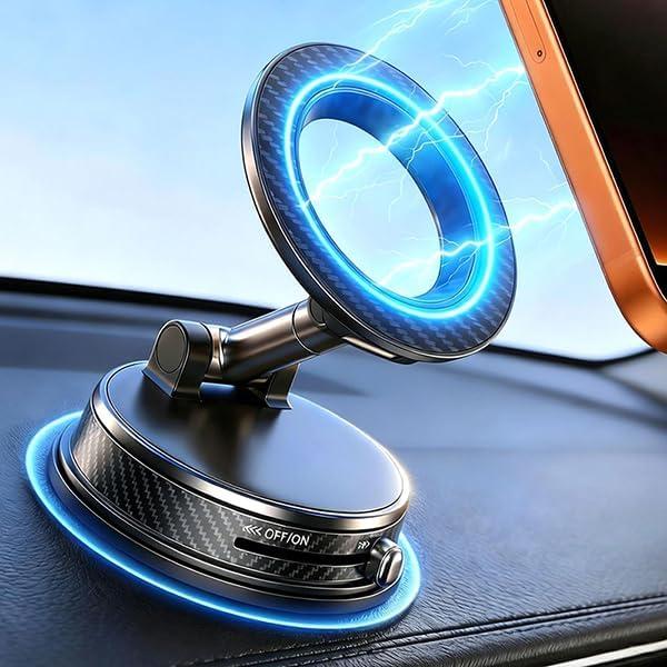 Black Magnetic Phone Holder for Car, Vacuum Suction & 3000gf Magnet, 360 Adjustable Dashboard Mount, Compatible with iPhone & Android