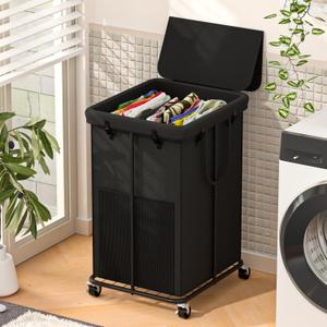 Large Laundry Hampers with Lid, Oxford Fabric Laundry Hampers, Metal Frame and Removable Bag Design with Wheels, Suitable for Bedroom, Bathroom, Dorm Room, Laundry Room (Black with Lid) (39.6GAL)