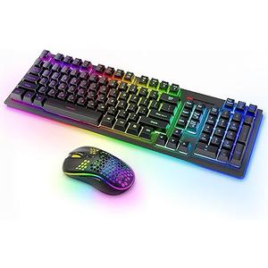 Wireless Keyboard and Mouse RGB Backlit Combo, MOOJAY Rechargeable 2.4G Light Up Cordless Gaming Keyboard with Ergonomic Wireless Wired Dual Mode Mice Set, for PC/Laptop/Windows/Mac - Black