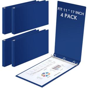 4 Pcs 11 x 17 Inch 3 Ring Binders 1 Inch Rings Heavy Duty View Plastic Flexible D Ring Binders Economy Holds 11" x 17" Paper for Artwork Blueprints, Office, Home, Work Places(Blue)