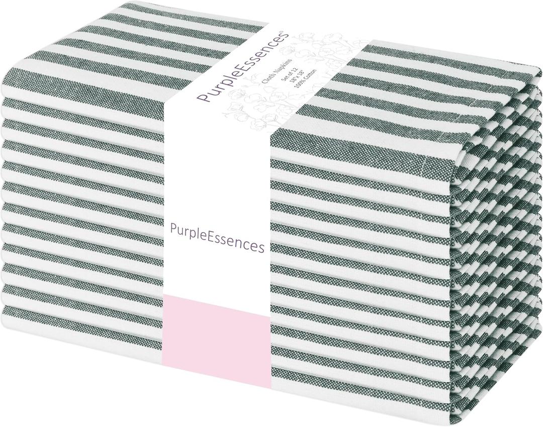 PurpleEssences Plain Striped Cloth Napkins - Set of 12-100% Cotton - 18 x 18 Inch - Fall Thanksgiving - Perfect Everyday Use Dinner Napkin - Forest Green and White