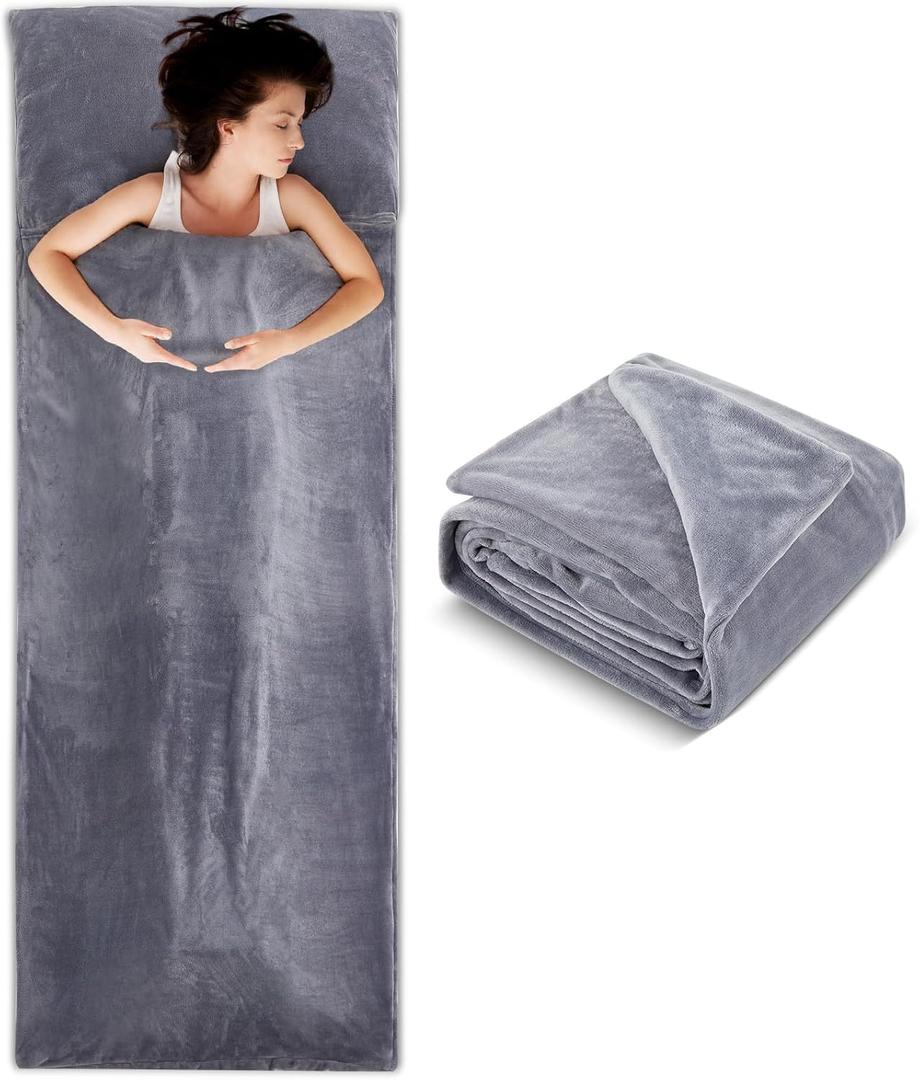 Flannel Sleeping Bag Liner for Adult, Flannel Fluffy Sheet & Camping Sheet for Winter Warm Thick Sheets for Backpacking, Hotel, Traveling, Sleeping Bag with Zipper (87 x 30", Gray)