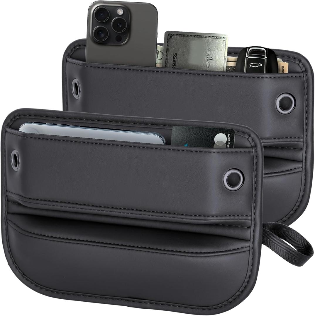 2-Pack Car Seat Gap Filler Organizer - Upgraded Anti-Slip Strap Design - Premium Leather Side Console Pocket - Prevent Phone Falling - Universal Fit Car Essentials for SUV, Truck & Sedan, Black