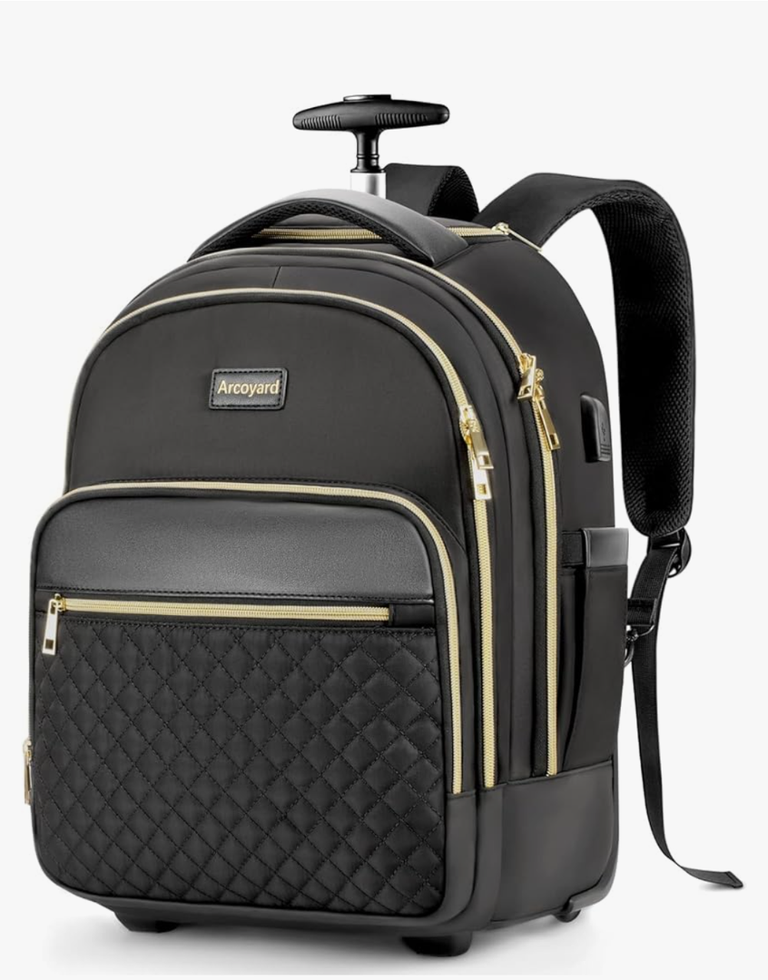 Small Rolling Backpack for Women, Lightweight Travel Backpack with Wheels, Roller Backpack for Adults, Water Resistant Rolling Laptop Bag, Wheeled Underseat Carry On Luggage, Black Gold