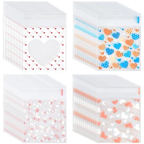 Ohuimrt 400PCS Valentine's Day Cookie Bags, 4 x 4 Inch Self Adhesive Clear Cellophane Treat Bags Heart Printed Small Candies Bags Bulk for Valentine Party Favor Supplies in 4 Designs