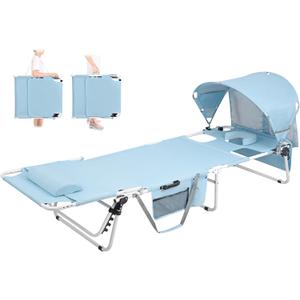 Tanning Chair with Sun Canopy Face Hole, Heavy Duty Folding Chaise Lounge Chair 5 Position Reclining for Adults Outside Reading Sunbathing Poolside Camping Beach, UPF 50+ Sun Shade, 300 LBS (Standard Size, Blue)