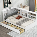 Twin Size Platform Bed with L-Shaped Storage Bookcase and Headboard, Wooden Daybed Frame with 2 Drawers and Rotatable Storage Board, Twin Sofa Bed Frame for Boys Girls Teens Bedroom, White