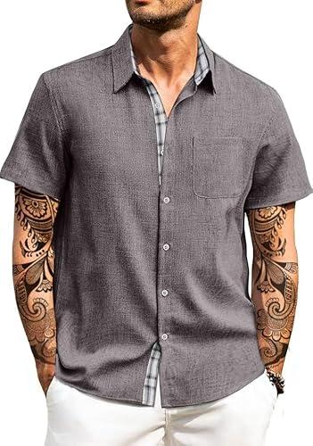 HUNGSON Men's Button Down Shirts Short Sleeve Casual Shirts Summer Beach with Pocket, XL, Grey