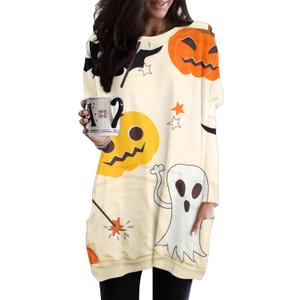 JINTING Women Halloween Sweatshirt Pumpkin Cat Long Sleeve Funny Doddle Graphic Printed Pullover Dress Fall Shirt Tops, Size: Small
