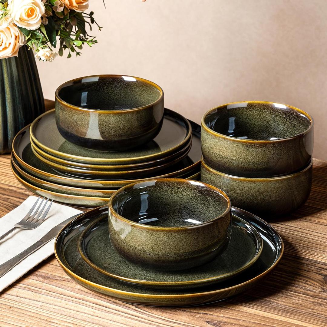 TheTerra Ceramic Dinnerware Sets for 4, 12 Pieces Handmade Reactive Glaze Plates and Bowls Set, Scratch Resistant Dish Set, Oven & Microwave & Dishwasher Safe, Olive Green