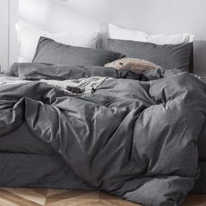 MooMee Bedding Duvet Cover Set 100% Washed Cotton Linen Like Textured Breathable Durable Soft Comfy (Heathered Dark Grey, Queen 90"x90")