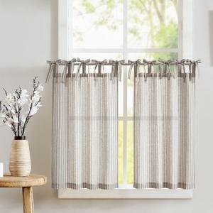jinchan Tie Top Linen Kitchen Curtains 24 Inch Length Striped Tier Curtains Ticking Stripe Small Drapes for Living Room Bathroom Cafe Small Window Farmhouse Rustic Rod Pocket 2 Panels Taupe Grey