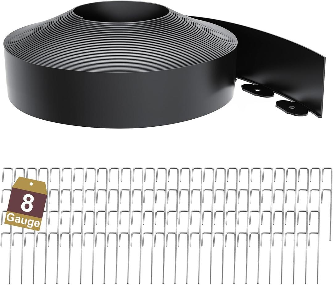 Landscape Edging Border 3 Inch Tall 100Ft with 110Pcs 8 Gauge Metal Spikes, Plastic Garden Edging Border Garden Fence Border Lawn Edging for Landscaping, Flower Bed, Tree Ring, Pathway