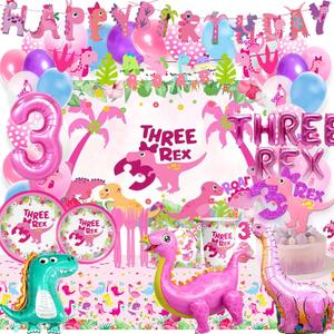 Pink Three Dino Rex Birthday Party Decorations Dinosaur 3rd Birthday Decorations, Three inspired Rex Birthday Party Supplies