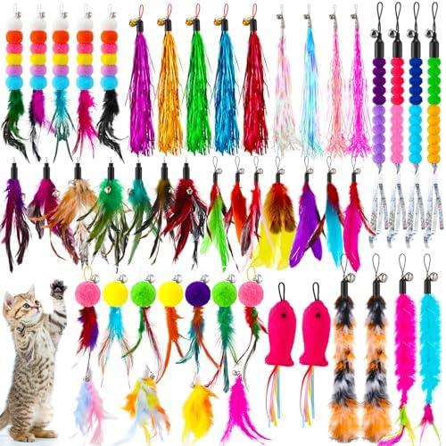 Cosblank 50 Pcs Cat Feather Toys Refill Cat Wand Replacement Feathers with Bells Interactive Pet Wand Attachment Toys