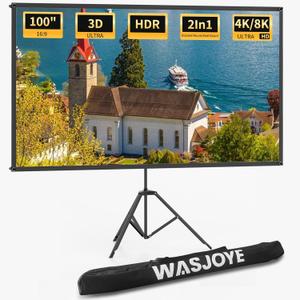 WASJOYE Proiector Screen with Stand 100" - 16:9 4K HD Portable Proiector Screen, 1.2 Gain Indoor Projector Screen, Easy Setup and Carrying, for Home Cinema, Backyard Party Office TV Game