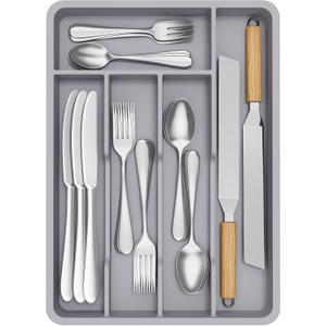 Lifewit Silverware Drawer Organizer Tray, Plastic Cutlery Storage for Kitchen, Flatware and Utensil Holder Divider for Spoons Forks Knives Tableware, 9.5 x 13.4", 5 Slots, Gray