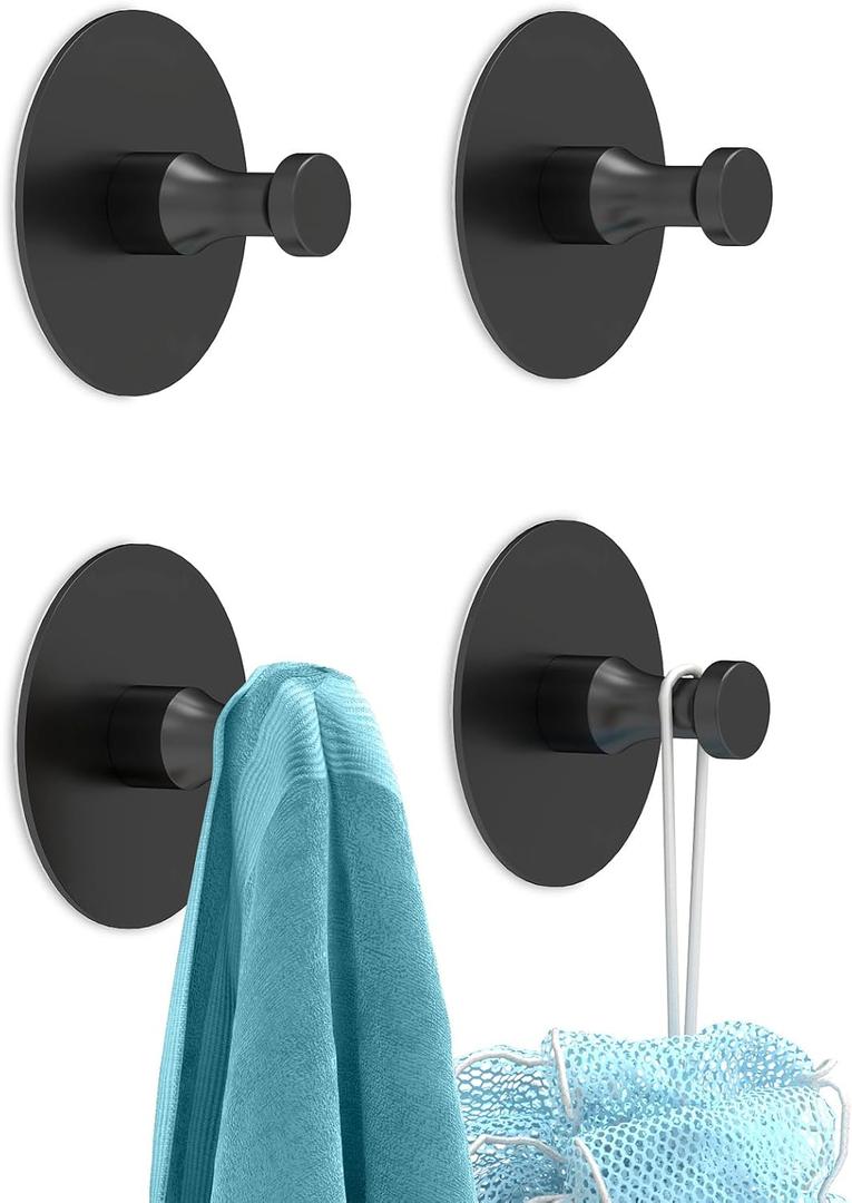 STWWO Adhesive Hooks for Walls No Damage 4 PCS, Heavy Duty Aluminum Strong Adhesive Towel Hooks for Bathrooms for Inside Shower for Hanging Loofah, Clothes, Robes (Black)