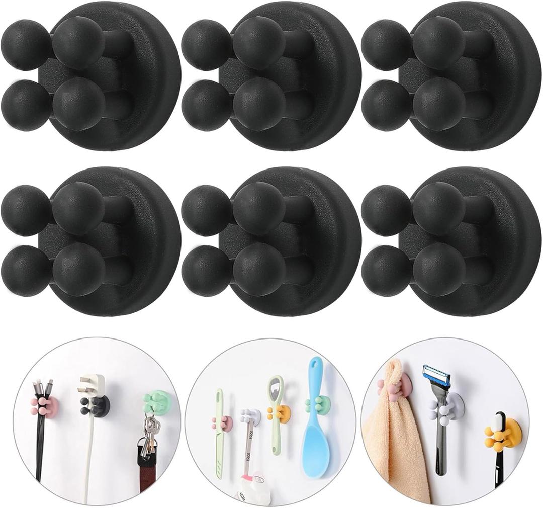 iBetterLife Razor Holder for Shower Wall - 6Pcs Self Adhesive Silicone Toothbrush Holders Wall Mounted Multi-function Cute Utility Hook for Hanging Towel for Bathroom Kitchen Living Room Office, Black