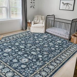 LIVEBOX Washable Area Rug 8x10 - Large Blue Boho Living Room Rug Vintage Rugs for Bedroom, Non-Slip Retro Floral Carpet Print Distressed Accent Rugs for Dining Room Home Office