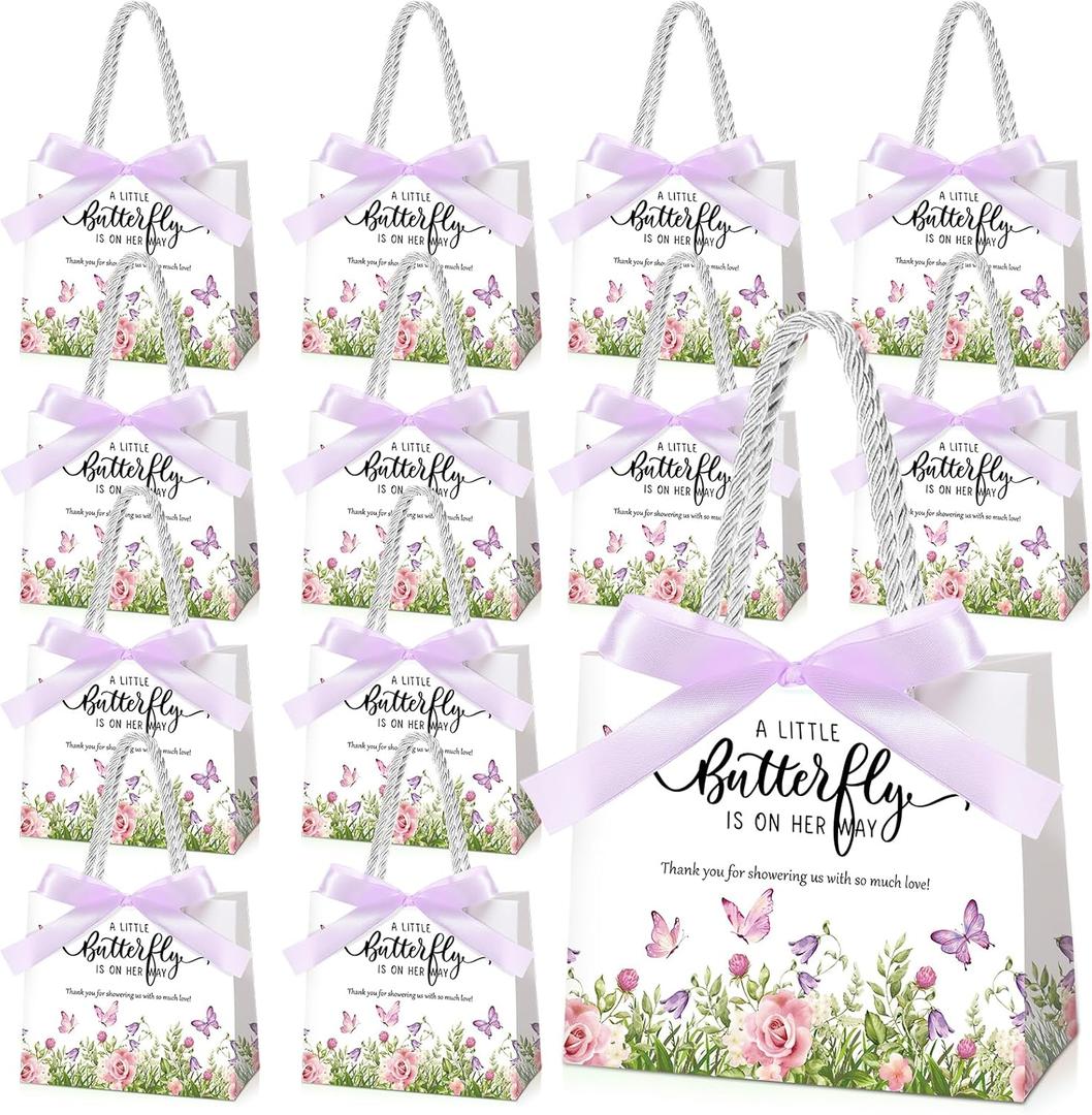 Spakon 25 Pack Butterfly Baby Shower Favors Gift Bags Goodie Bags with Handles and Bow Ribbon for Baby Shower Return Gift