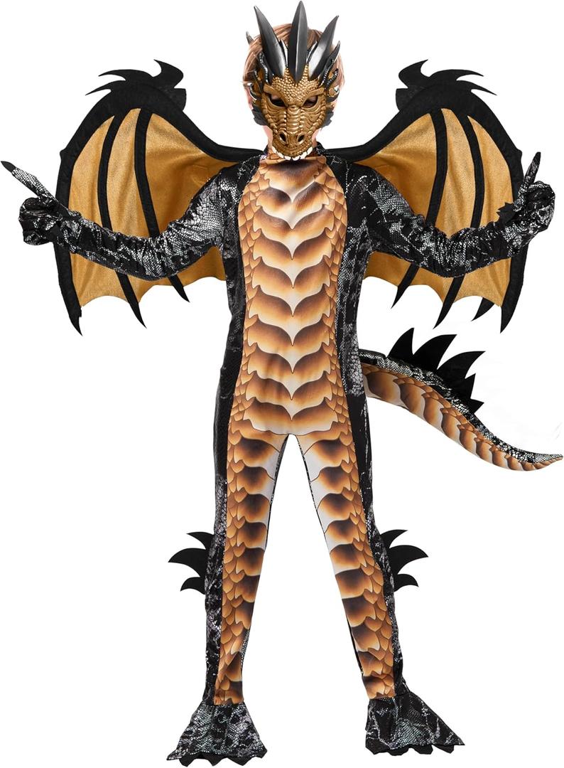 Spooktacular Creations Halloween Kid Dragon Costume, Boys Dragon Wings, Tail and Mask Set for Halloween Dress Up (Large(10-12 yrs), Gold)