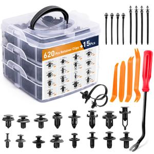 GOOACC 635Pcs Car Push Retainer Clips & Auto Fasteners Assortment -16 Most Popular Sizes Nylon Bumper Fender Rivets with 10 Cable Ties and Fasteners Remover for Toyota GM Ford Honda Acura Chrysler (620Pcs Clips + Remover)