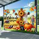 Fall Thanksgiving Backdrop Banner 71x43 Inchs Fall for Jesus He Never Leaves Backdrop Autumn Pumpkin Sunflower Thanksgiving Party Supplies Banner Autumn Theme Outdoor Decor