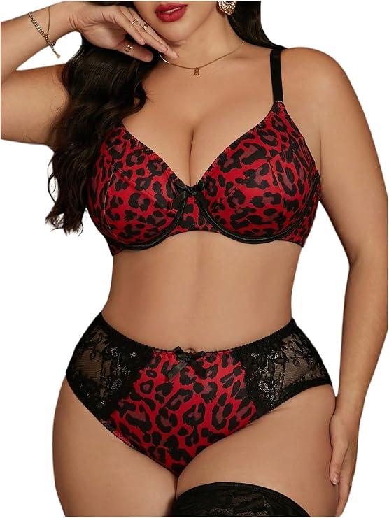 MakeMeChic Women's Plus Size 2 Piece Lingerie Set Leopard Print Floral Lace Bow Knot Bra and Panty Sets XL