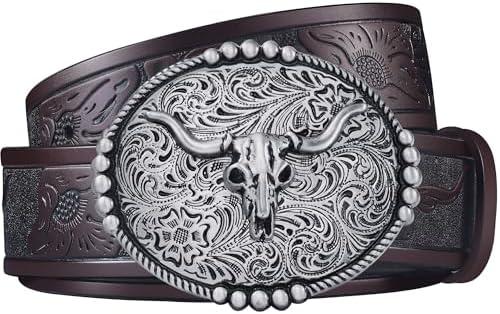 FIORETTO Western Cowboy Belts for Men Women Cowgirl Leather Belt Big Buckle Bull Belt for Jeans
