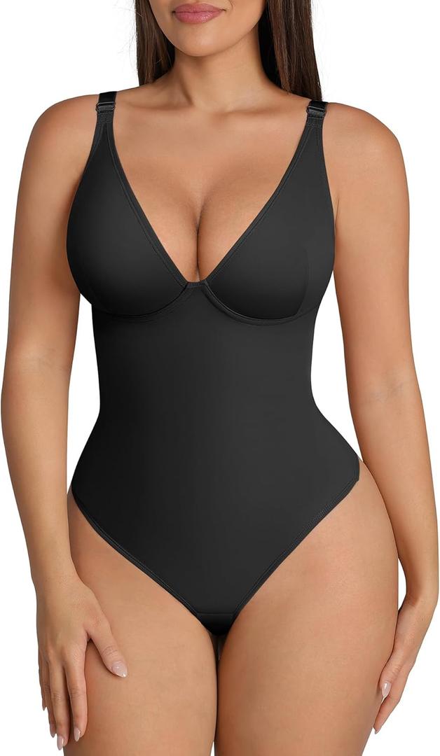 FeelinGirl Shapewear Bodysuits for Women Tummy Control Body Suits Deep V Neck Thong Body Shaper (X-Large, Black)