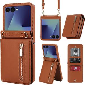 for Samsung Galaxy Z Flip 7 Luxury Zipper Wallet Phone Case, Multi-Function Kickstand Card Holder Adjustable Crossbody Strap, Fashion Flip Case.(Brown)