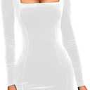 GOBLES Women's Sexy Velvet Long Sleeve Square Neck Bodycon Cocktail Party Mini Dress (White)