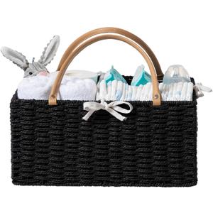 HBlife Large Baby Diaper Caddy Organizer, Paper Rope Storage Baskets Nursery Bin with Removable Divider, Portable Car Organizer for Diapers, Baby Shower Gifts, Newborn Essentials Must Haves (Black)