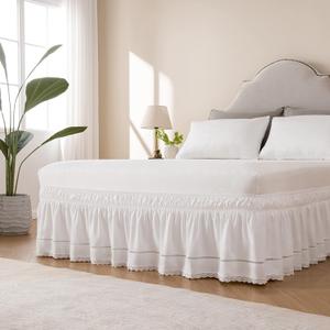 MIYE Wrap Around Ruffled Lace Bed Skirt, Elastic Dust Ruffle with Adjustable Belts,15 Inch Drop Easy to Put On, Bed Frame Cover, Machine Washable (Floral Lace, King/Queen-15)